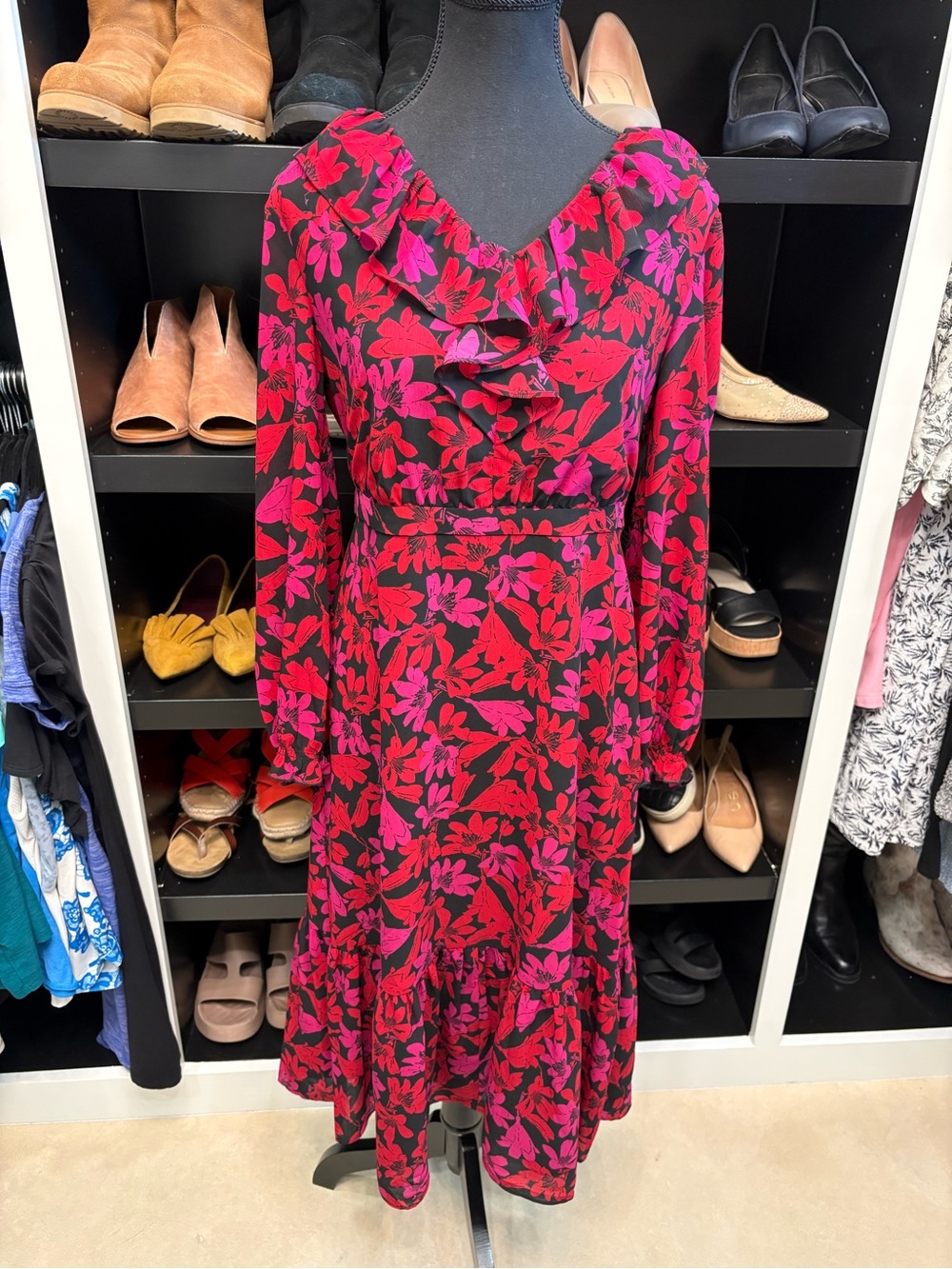 J. Crew Red, Fuchsia and Black Floral Ruffle Long-Sleeve Midi Dress
